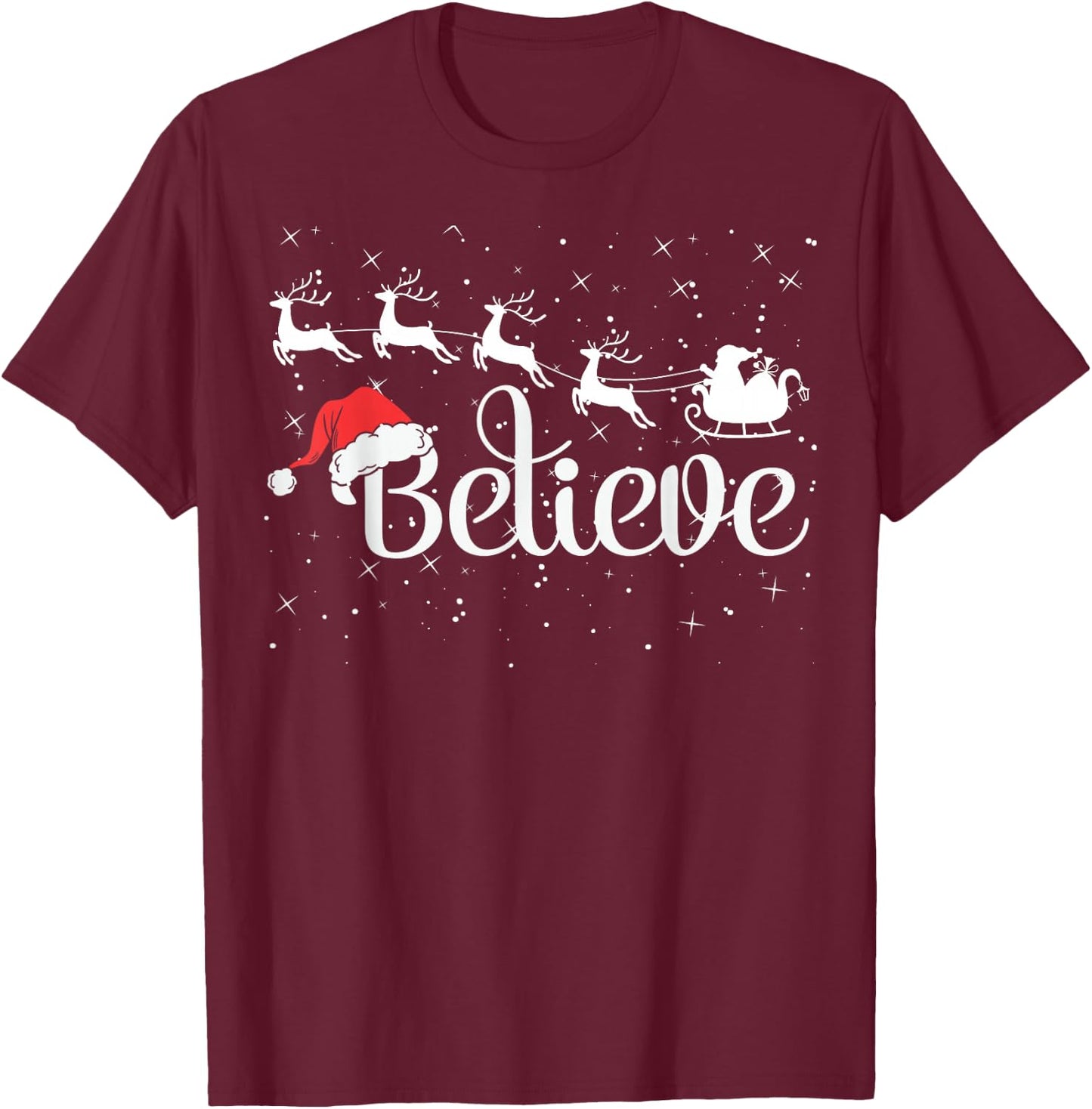 Christmas Believe in Santa with Sleigh Reindeer & Santa Hat T-Shirt - T-Shirt | Maroon