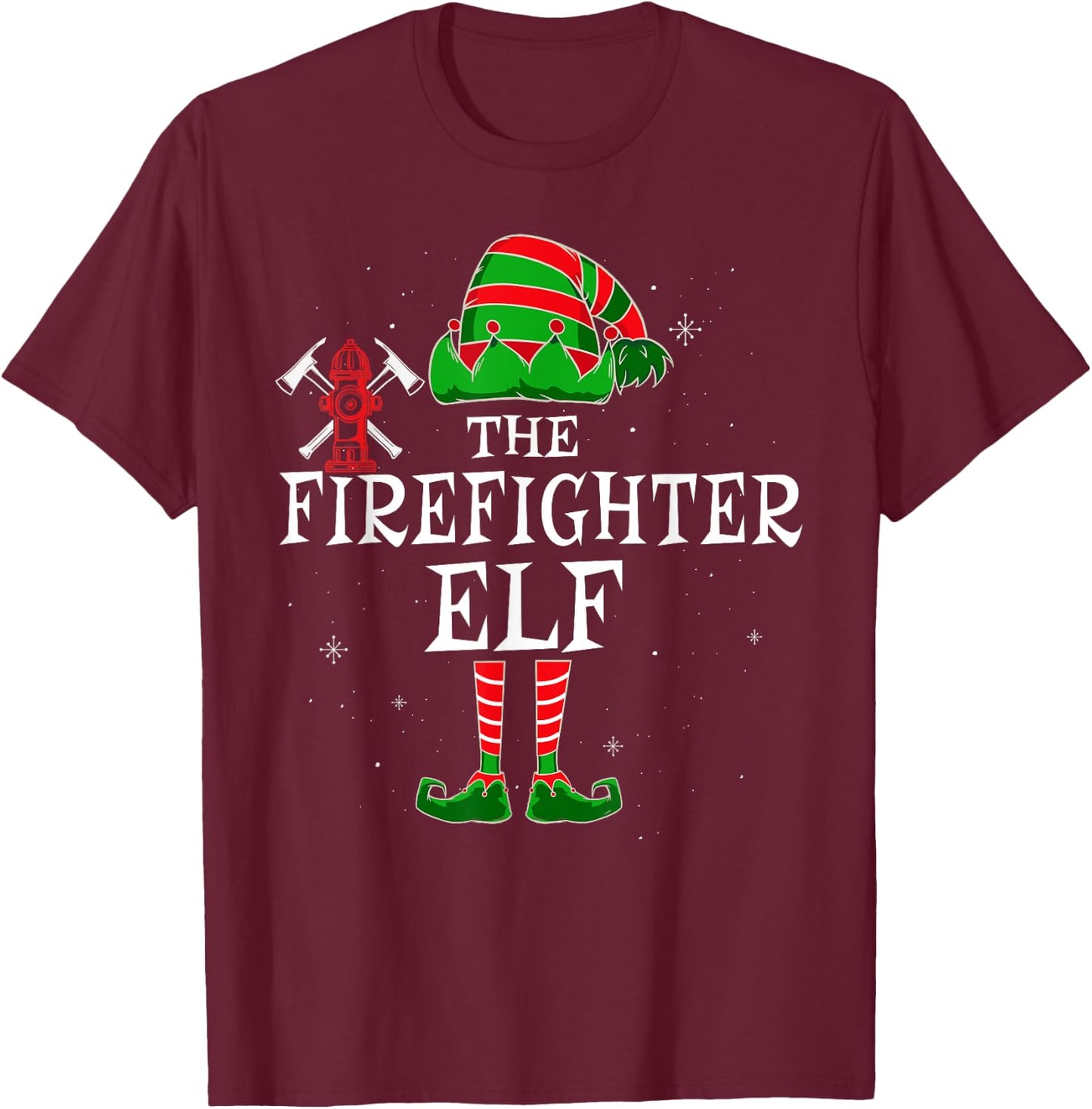 Firefighter Elf Group Matching Christmas Fire Department T-Shirt - T-Shirt | Maroon
