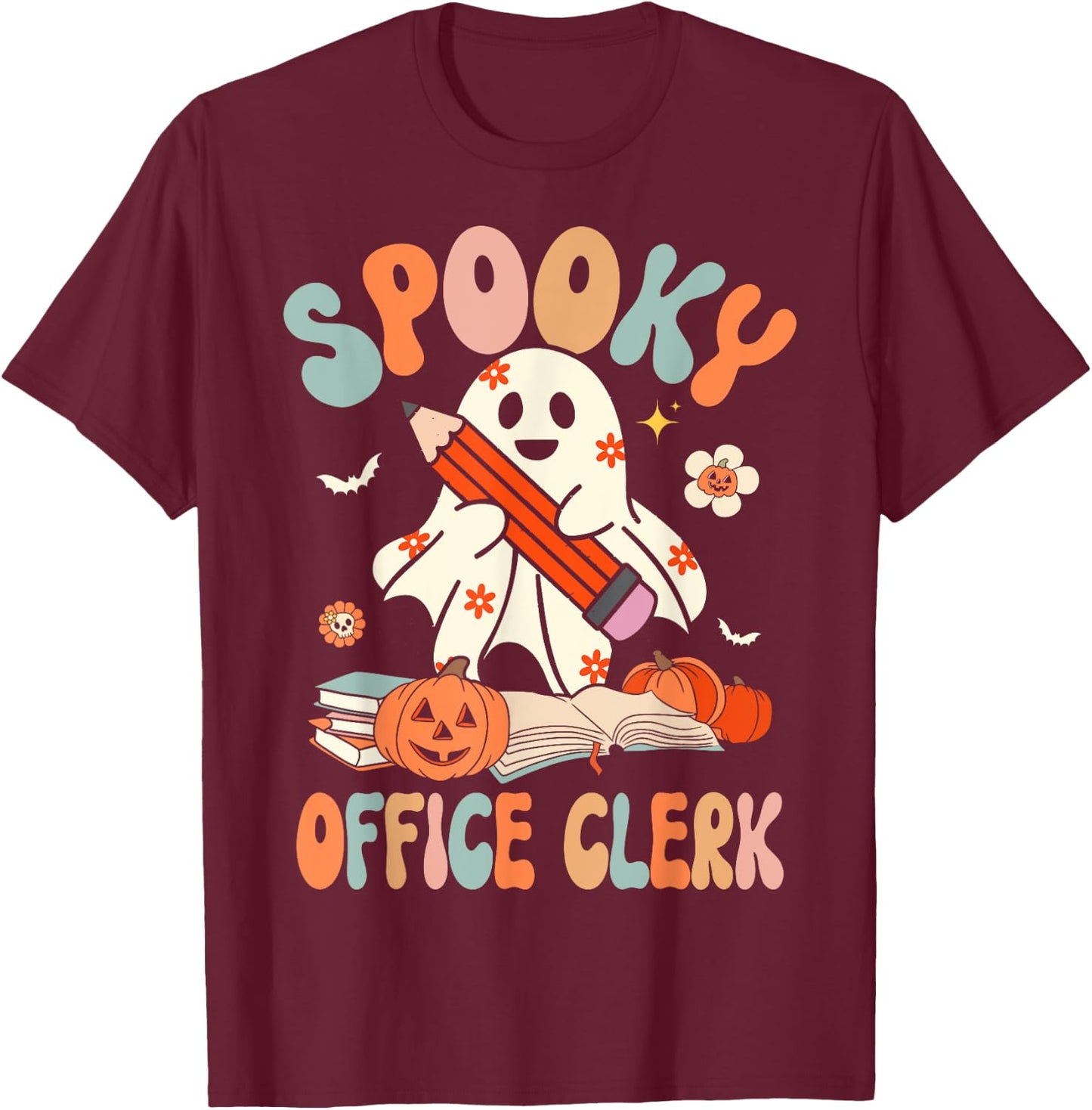 Groovy Halloween Spooky Office Clerk Retro Floral Ghost T-Shirt - T-Shirt | Maroon
