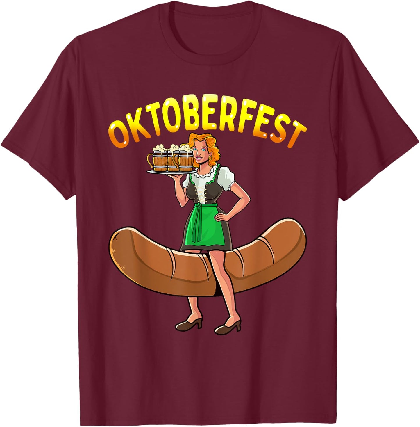 Oktoberfest Funny Bartwurst Barmaid German Woman Dirndl Beer T-Shirt - T-Shirt | Maroon