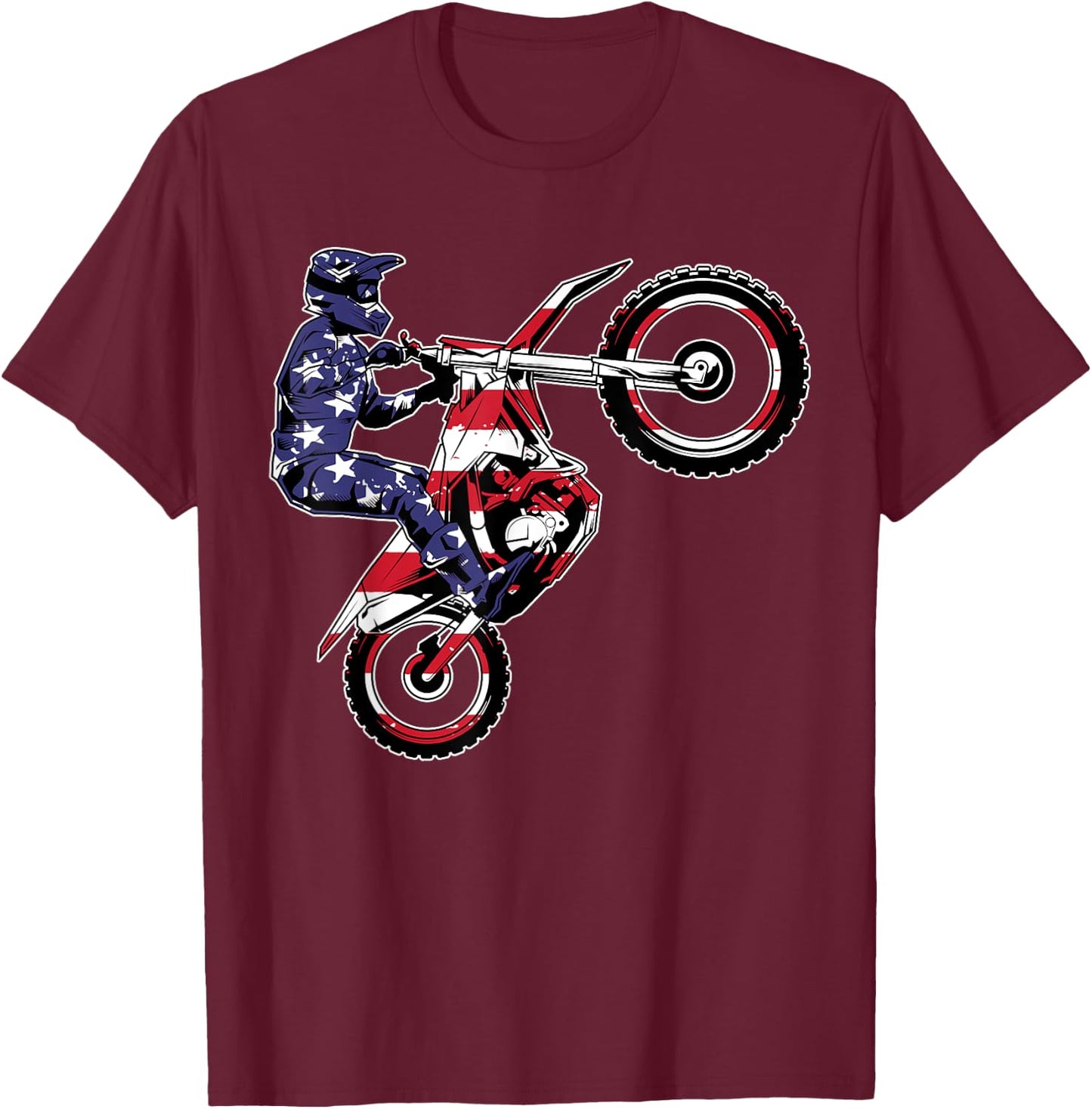 Funny Dirt Bike Art Men Women Motorcycle Dirtbike US Flag T-Shirt - T-Shirt | Maroon