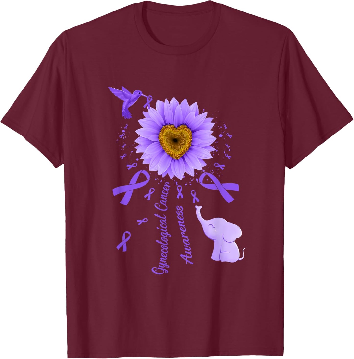 Sunflower Hummingbird Elephant Gynecological Cancer T-Shirt - T-Shirt | Maroon