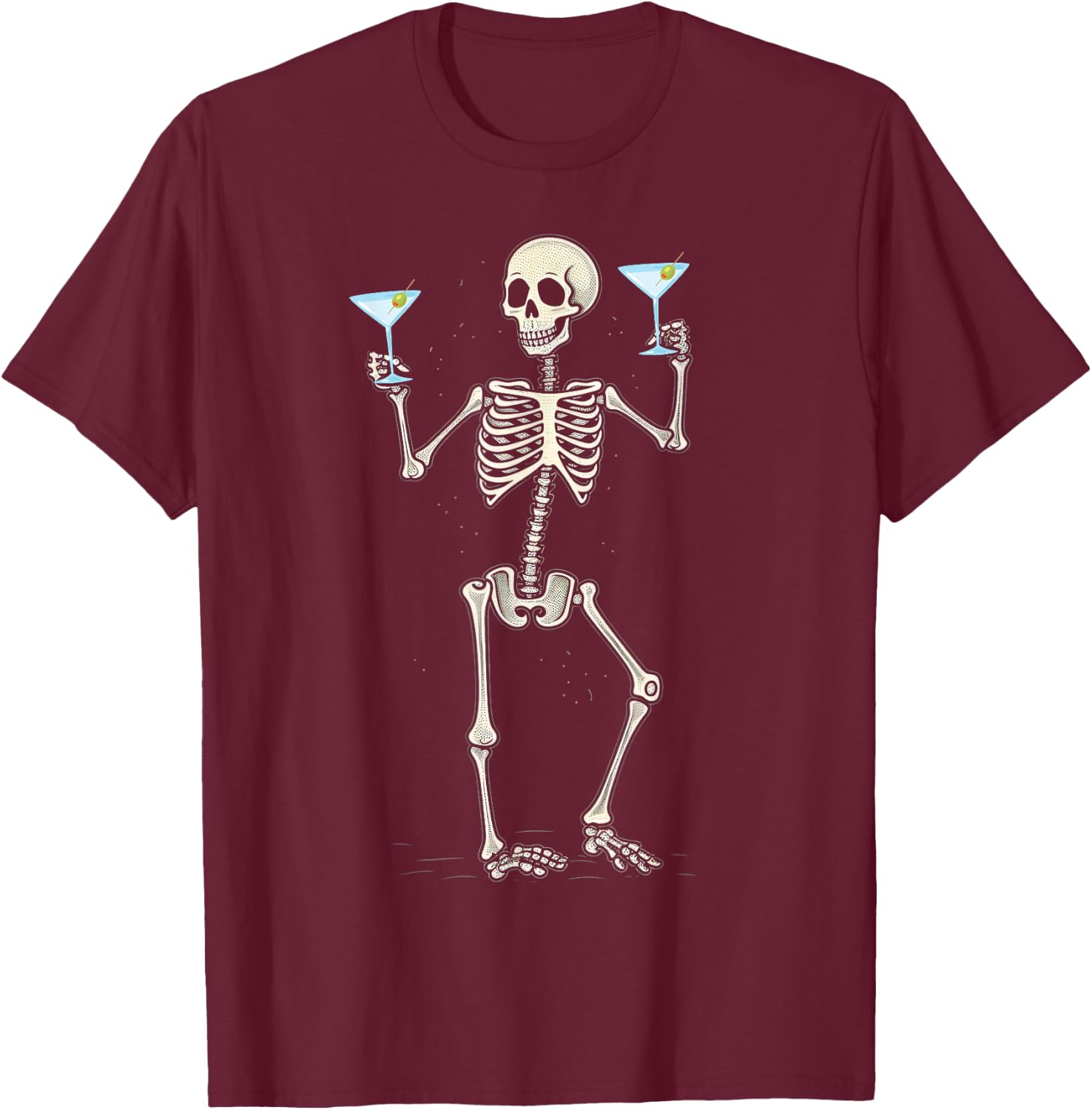 Funny Halloween Skeleton Drinking Martini Cocktail T-Shirt - T-Shirt | Maroon