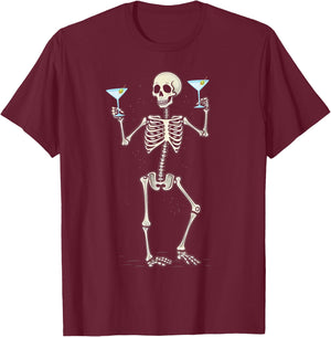 Funny Halloween Skeleton Drinking Martini Cocktail T-Shirt - T-Shirt | Maroon