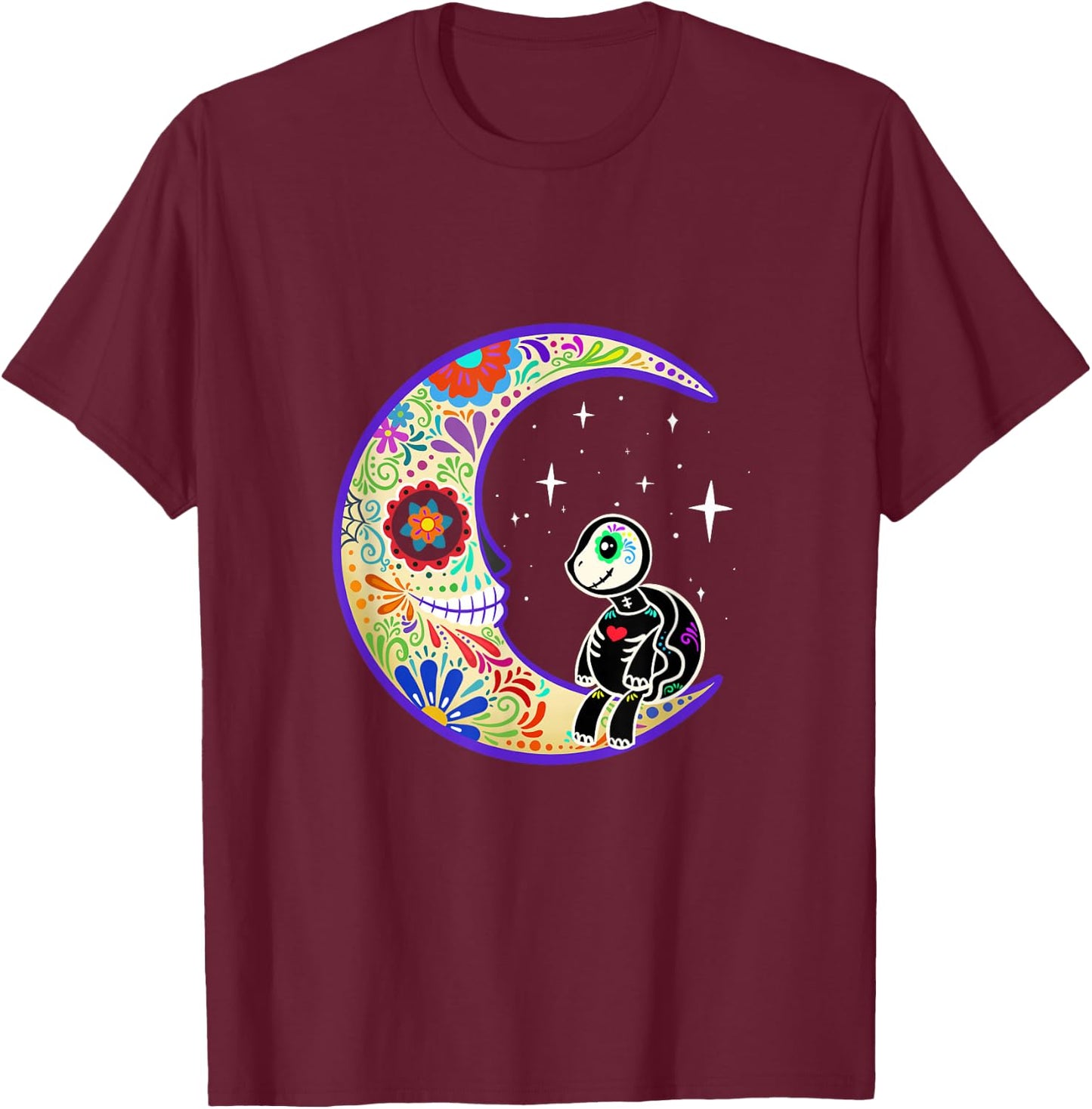 Turtle Dia de Los Muertos Skeleton Sugar Skull T-Shirt - T-Shirt | Maroon