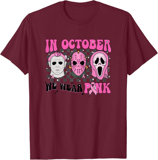 Pink Breast Cancer Awareness Scream Halloween Horror Retro T-Shirt - T-Shirt | Maroon