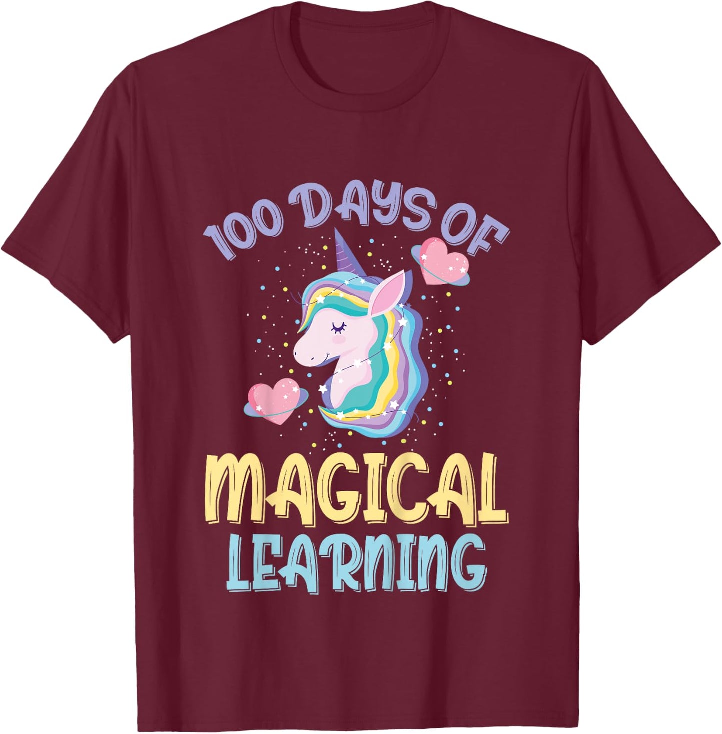 100 Days Of Magical Learning 100th Day Of School Unicorn T-Shirt - T-Shirt | Maroon