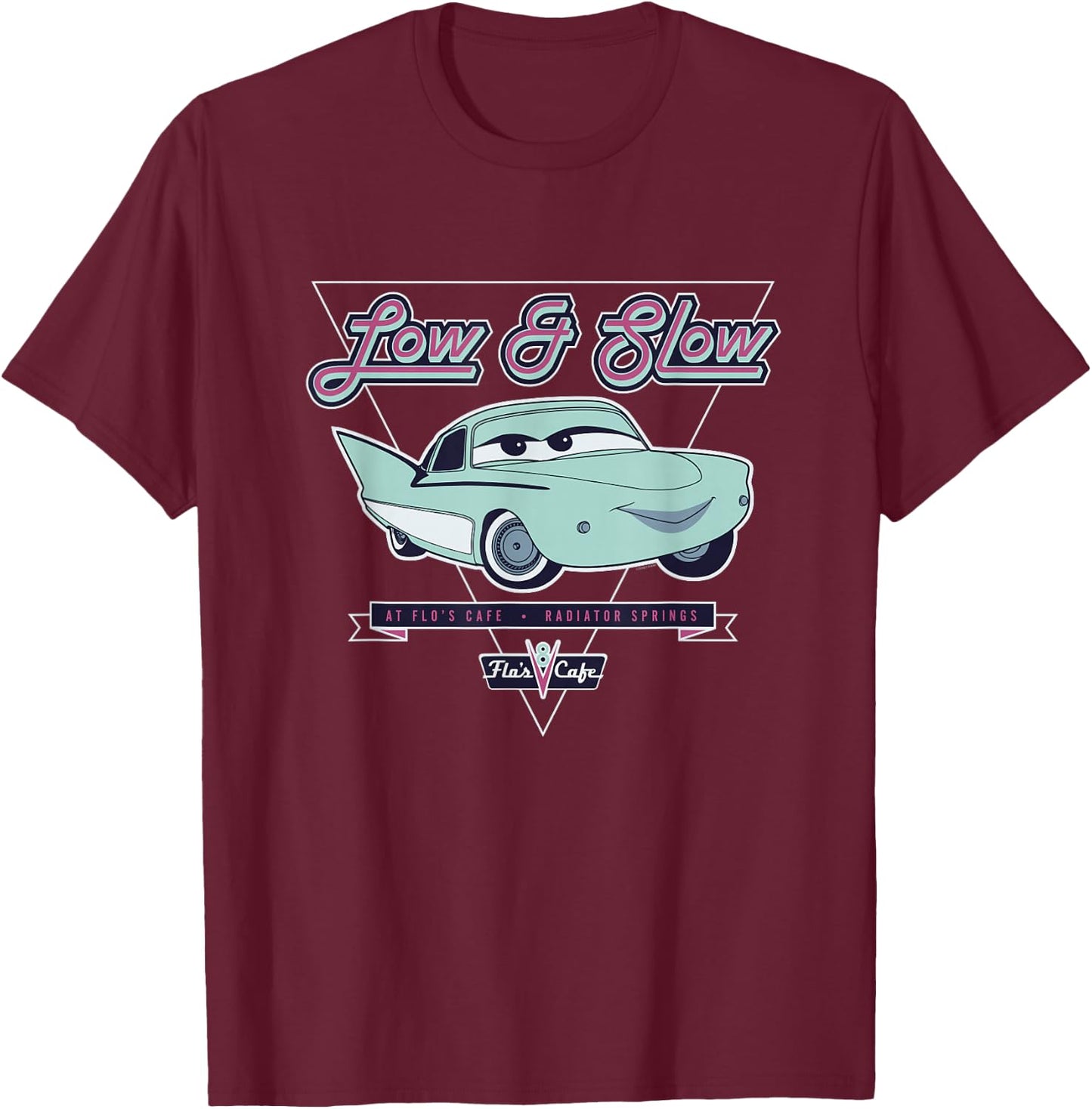 Disney and Pixar’s Cars Flo Low & Slow at Flo’s V8 Café T-Shirt - T-Shirt | Maroon