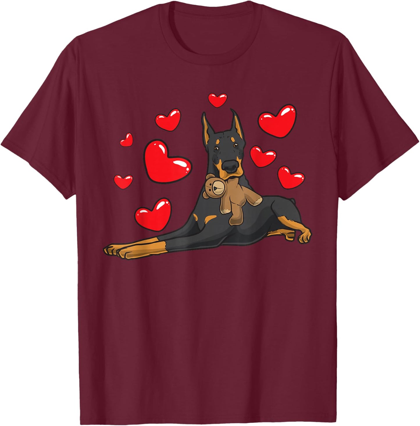 Doberman Dog with Plush Toy T-Shirt - T-Shirt | Maroon