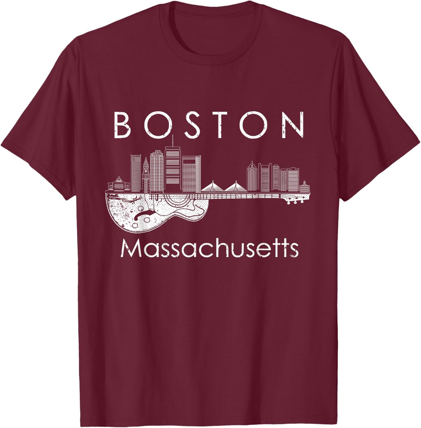 Boston Souvenir Men Massachusetts Skyline Music Guitar T-Shirt - T-Shirt | Maroon