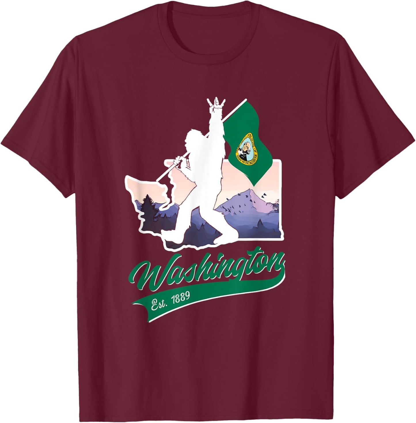Bigfoot West Coast State of Washington Flag Souvenir T-Shirt - T-Shirt | Maroon