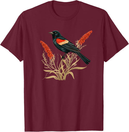 Floral Red-Winged Blackbird Red Winged Blackbird T-Shirt - T-Shirt | Maroon