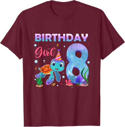 8th Birthday Girl Sea Turtle 8 Year Old Ocean Aquarium Girls T-Shirt - T-Shirt | Maroon