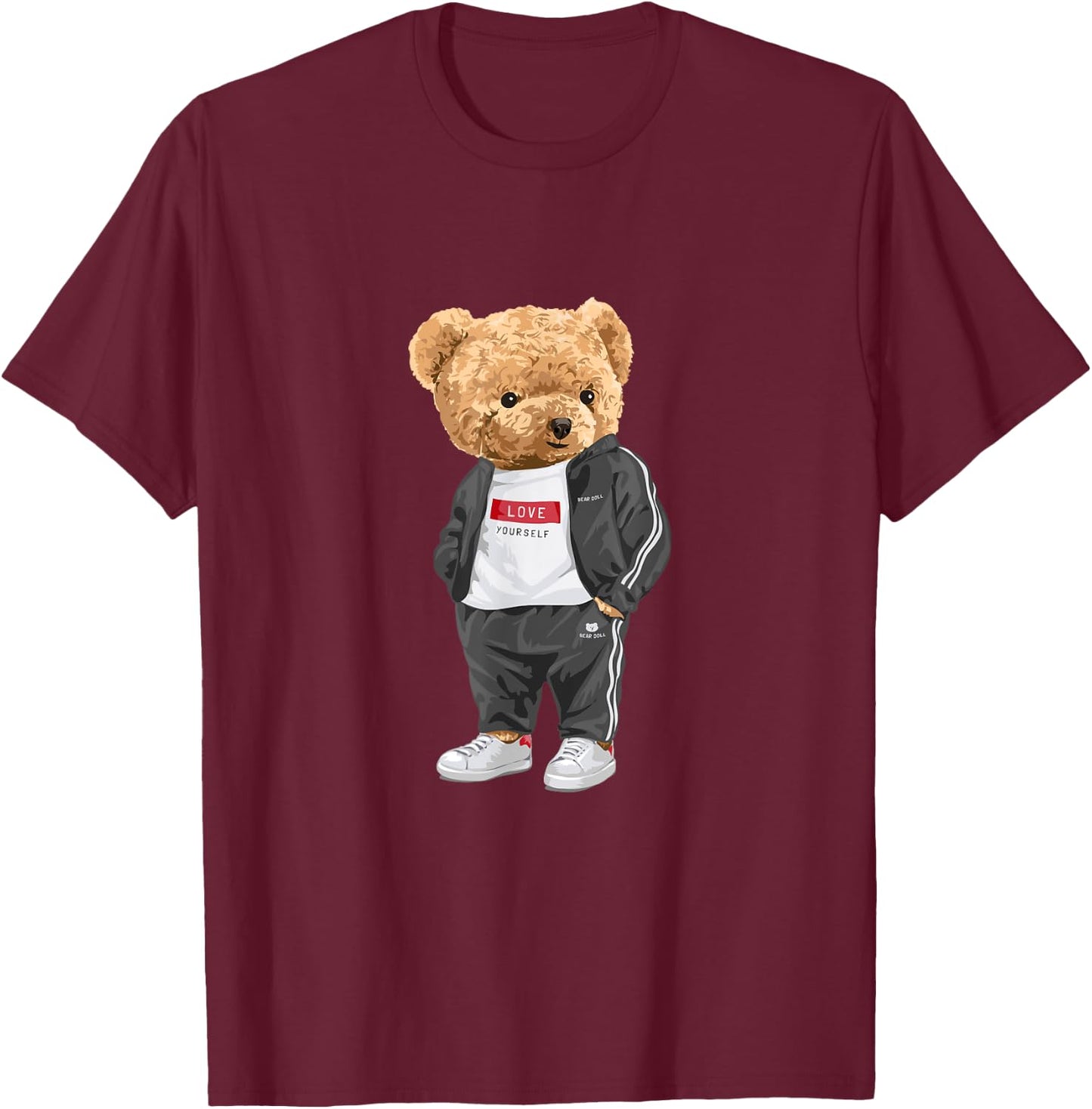 Love Yourself, Enjoy Wear Cool Illustration Teddy Bear Style T-Shirt - T-Shirt | Maroon