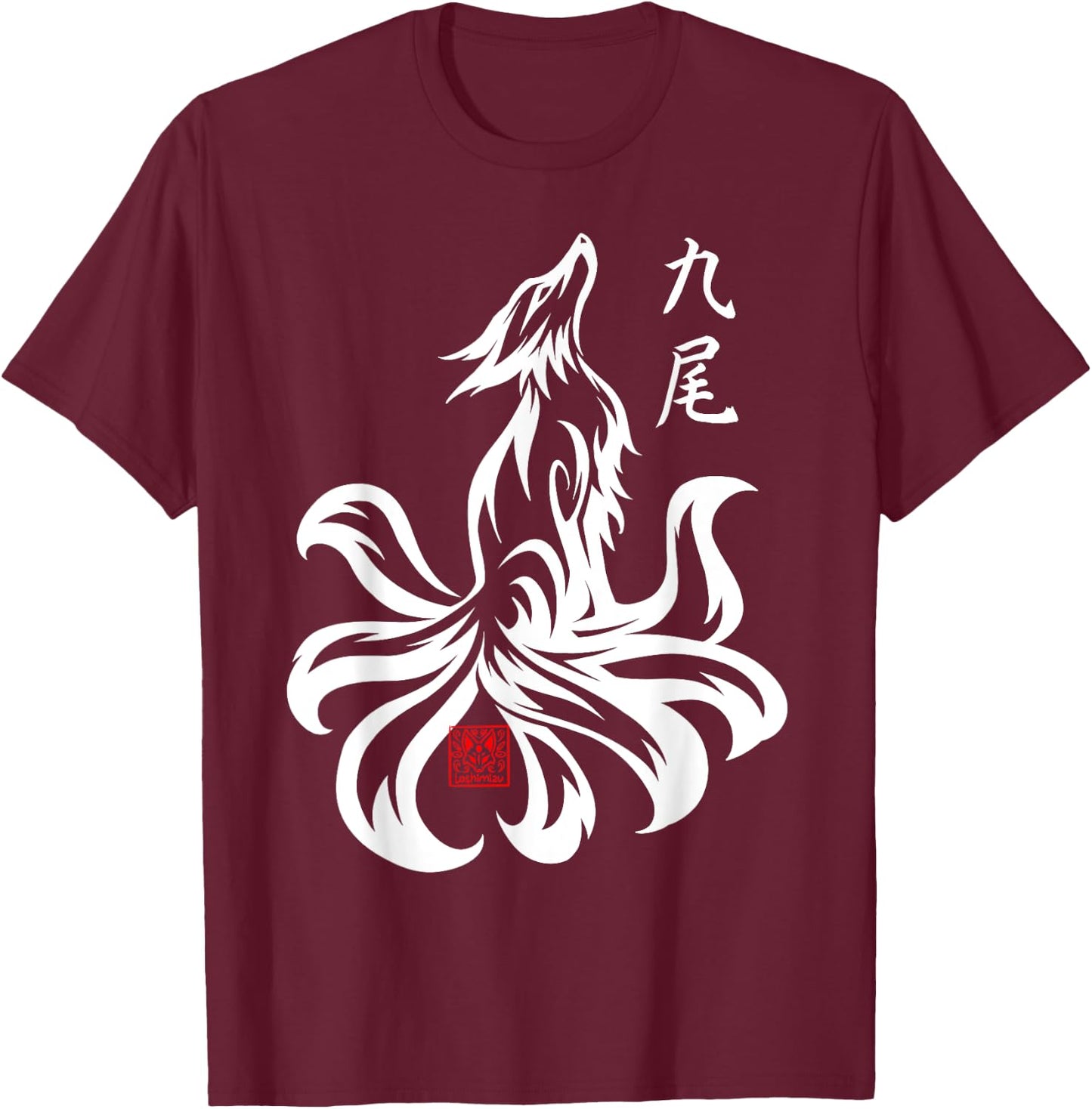 Japanese Nine Tailed Fox Kyubi Kitsune Spirit Tribal animal T-Shirt - T-Shirt | Maroon