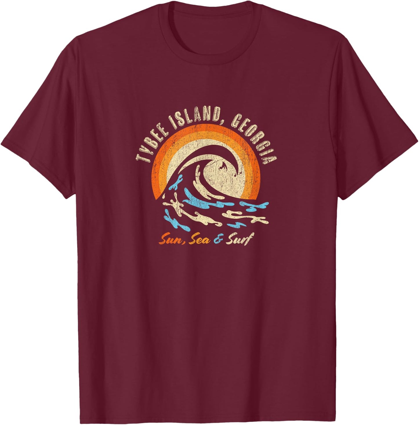 Faded Vintage Tybee Island Vacation Ocean T-Shirt - T-Shirt | Maroon