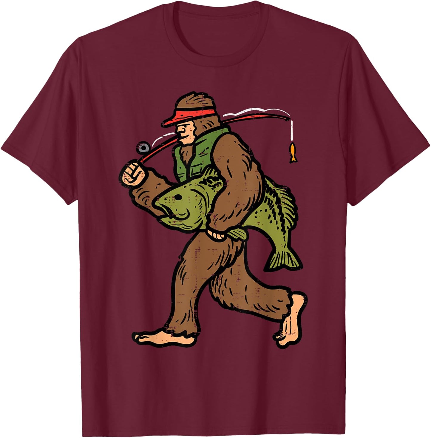 Bigfoot Sasquatch Fishing Funny Fisherman Men Women Kids T-Shirt - T-Shirt | Maroon
