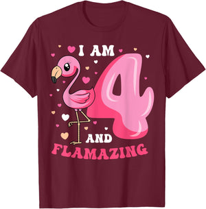 I Am 4 And Flamazing Flamingo Birthday 4th Bday Party T-Shirt - T-Shirt | Maroon