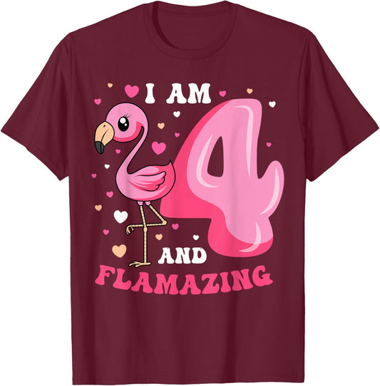 I Am 4 And Flamazing Flamingo Birthday 4th Bday Party T-Shirt - T-Shirt | Maroon