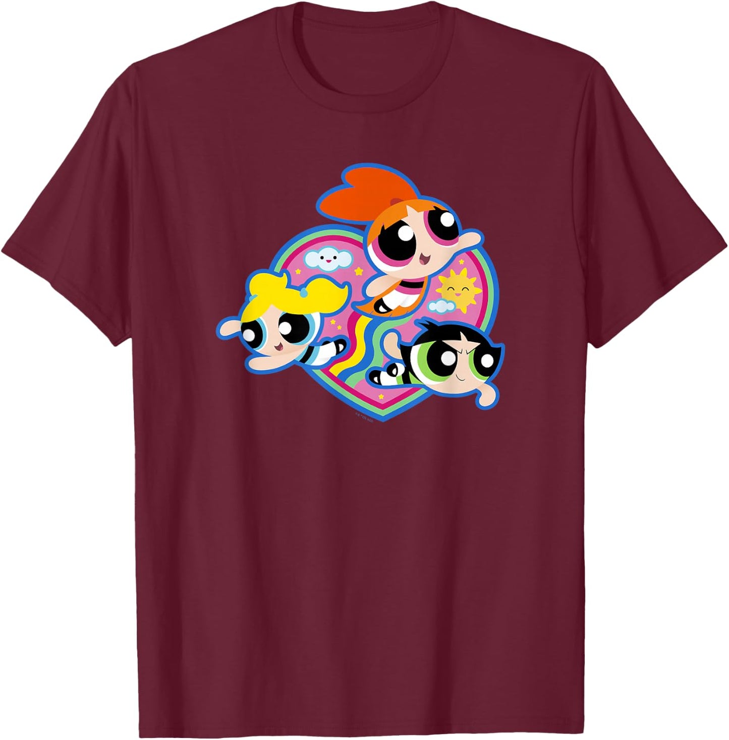 The Powerpuff Girls Group Rainbow Heart Flight T-Shirt - T-Shirt | Maroon