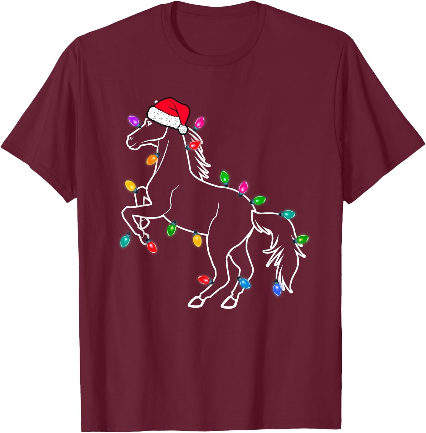 Christmas Horse Christmas Lights Cute for Families, Men, Women, Kids - Black, Short Sleeve, Regular Fit, Small T-Shirt - T-Shirt | Maroon