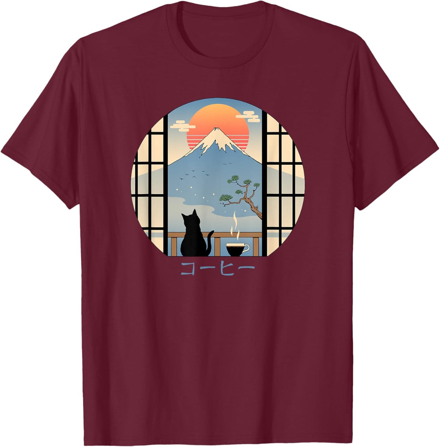 Coffee Cat in Mt. Fuji T-Shirt - T-Shirt | Maroon