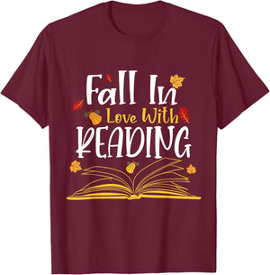 Fall In Love With Reading Fall Leaves Autumn Thanksgiving T-Shirt - T-Shirt | Maroon