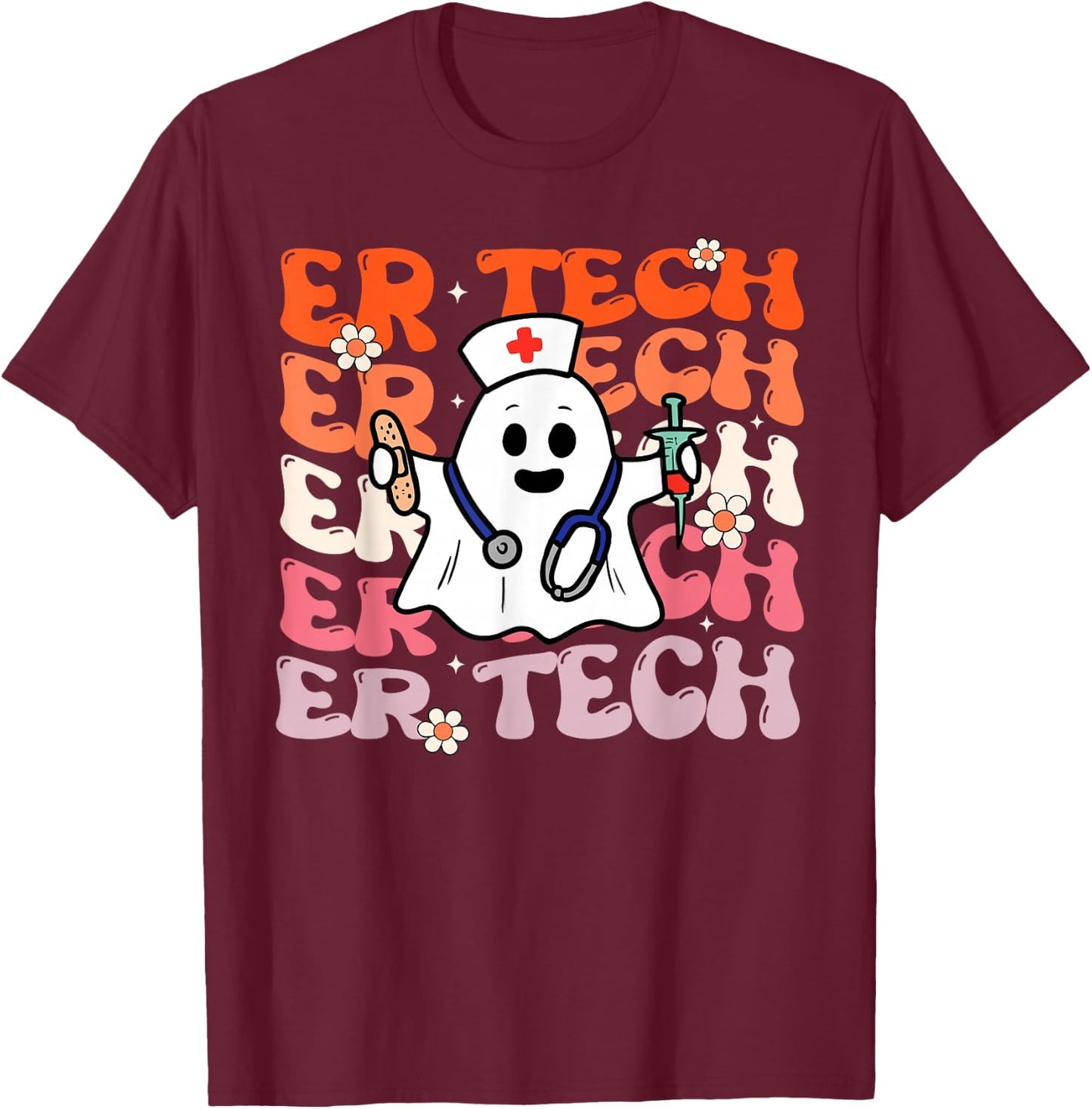 ER Tech Groovy Funny Halloween Ghost Nursing Spooky Costume T-Shirt - T-Shirt | Maroon