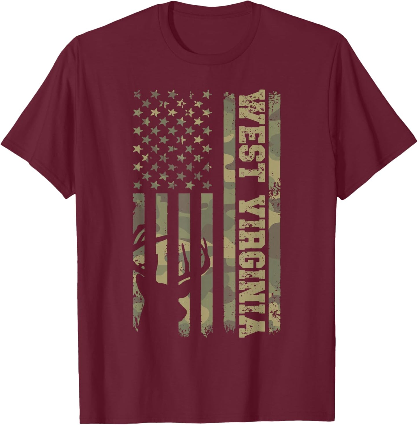 West Virginia Deer Hunter Vintage Deer Hunting Camo USA Flag T-Shirt - T-Shirt | Maroon