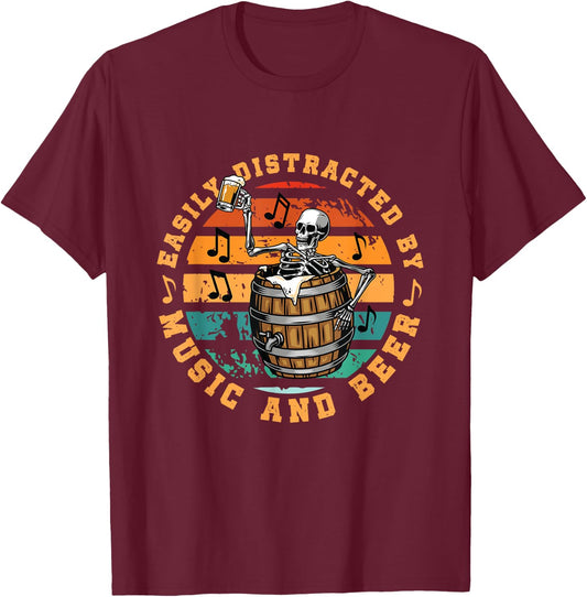 Easily Distracted By Music And Beer | Skeleton In A Barrel T-Shirt - T-Shirt | Maroon