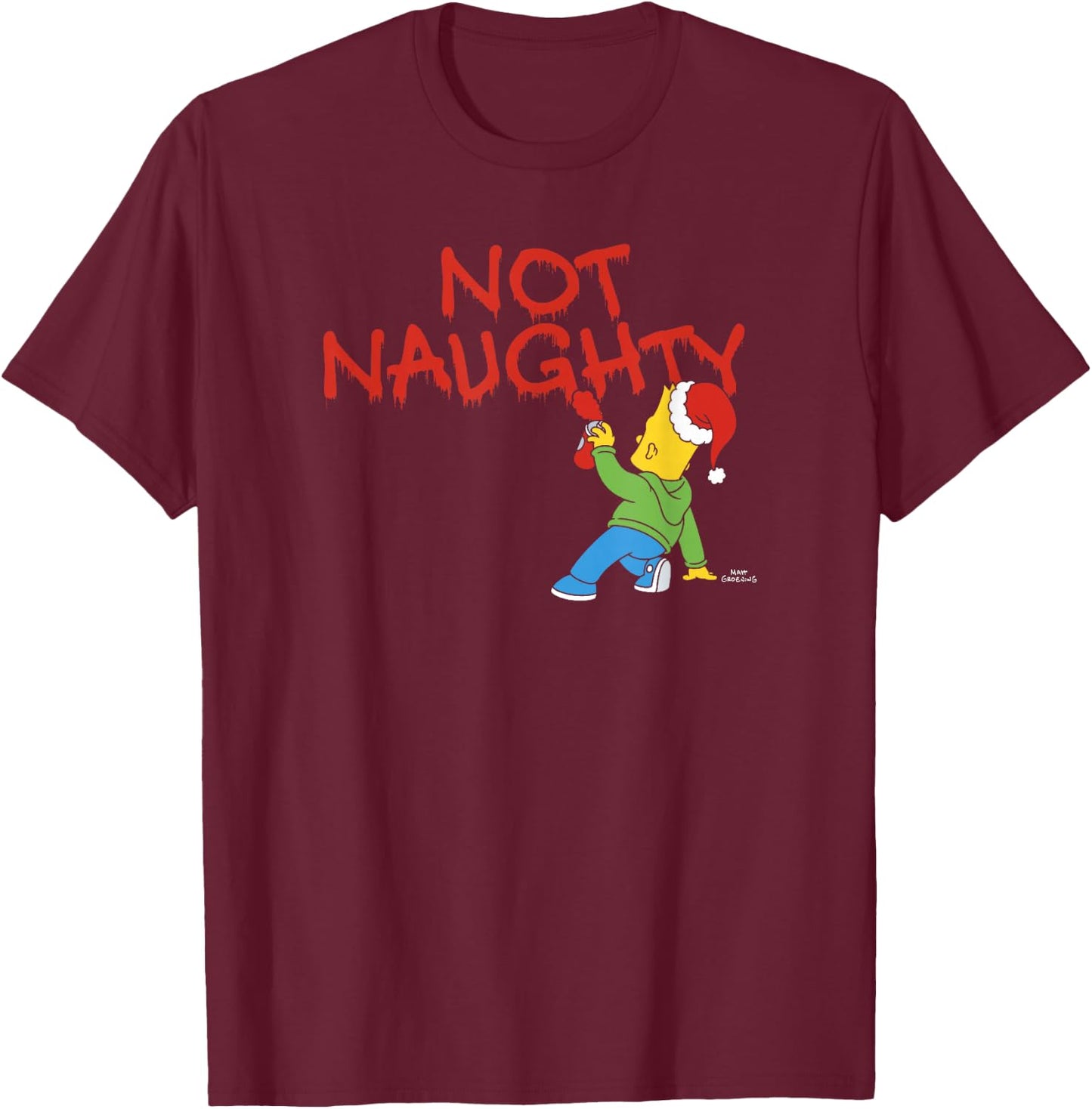 The Simpsons Christmas Bart Graffiti Not Naughty V2 T-Shirt - T-Shirt | Maroon