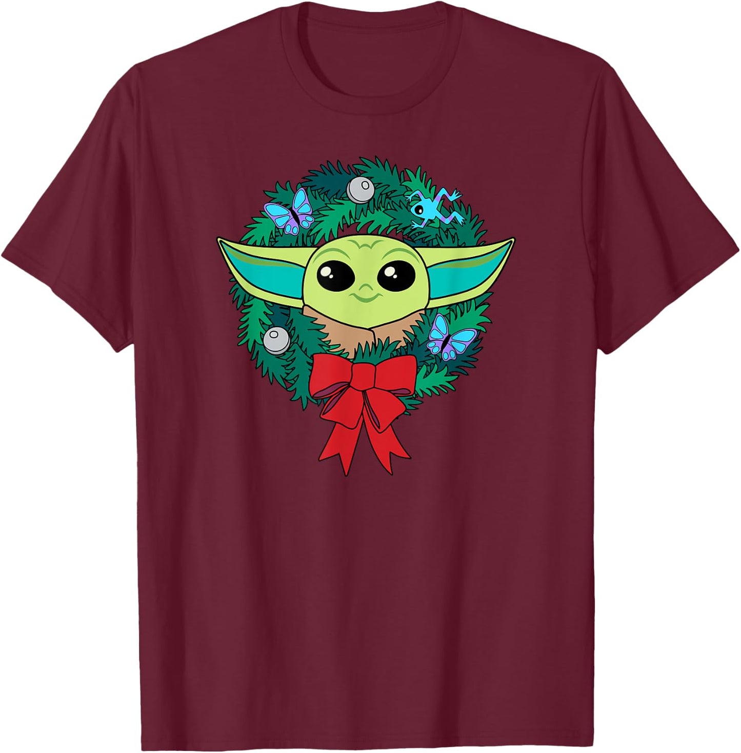 Amazon Essentials The Mandalorian Grogu Holiday Christmas Wreath T-Shirt - T-Shirt | Maroon