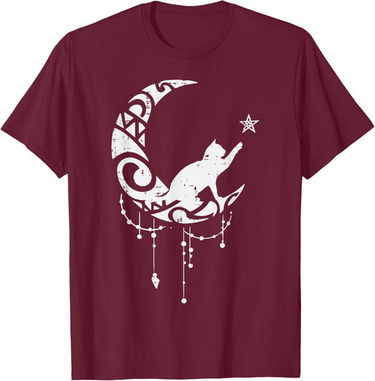 Crescent Moon Cat Star Mystical Celestial Women Girls Kids T-Shirt - T-Shirt | Maroon