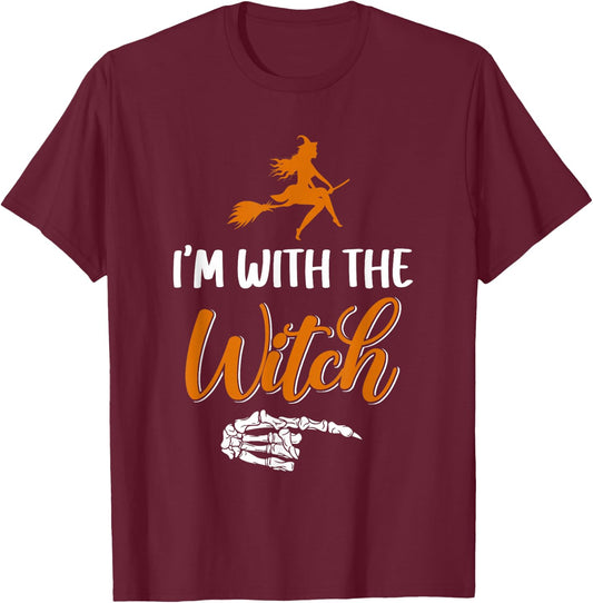 Funny Halloween I'm With The Witch Skeleton Hand Men Women T-Shirt - T-Shirt | Maroon