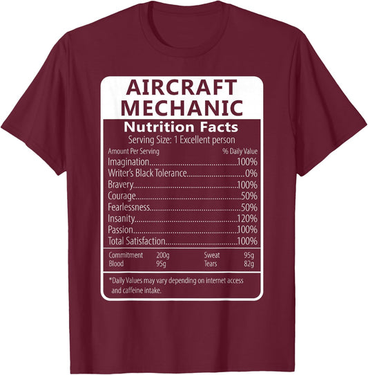 Aircraft Mechanic Nutrition Facts Sarcastic T-Shirt - T-Shirt | Maroon
