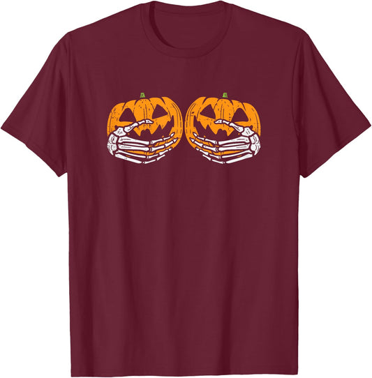 Skeleton Hands Pumpkins Funny Halloween Costume T-Shirt - T-Shirt | Maroon