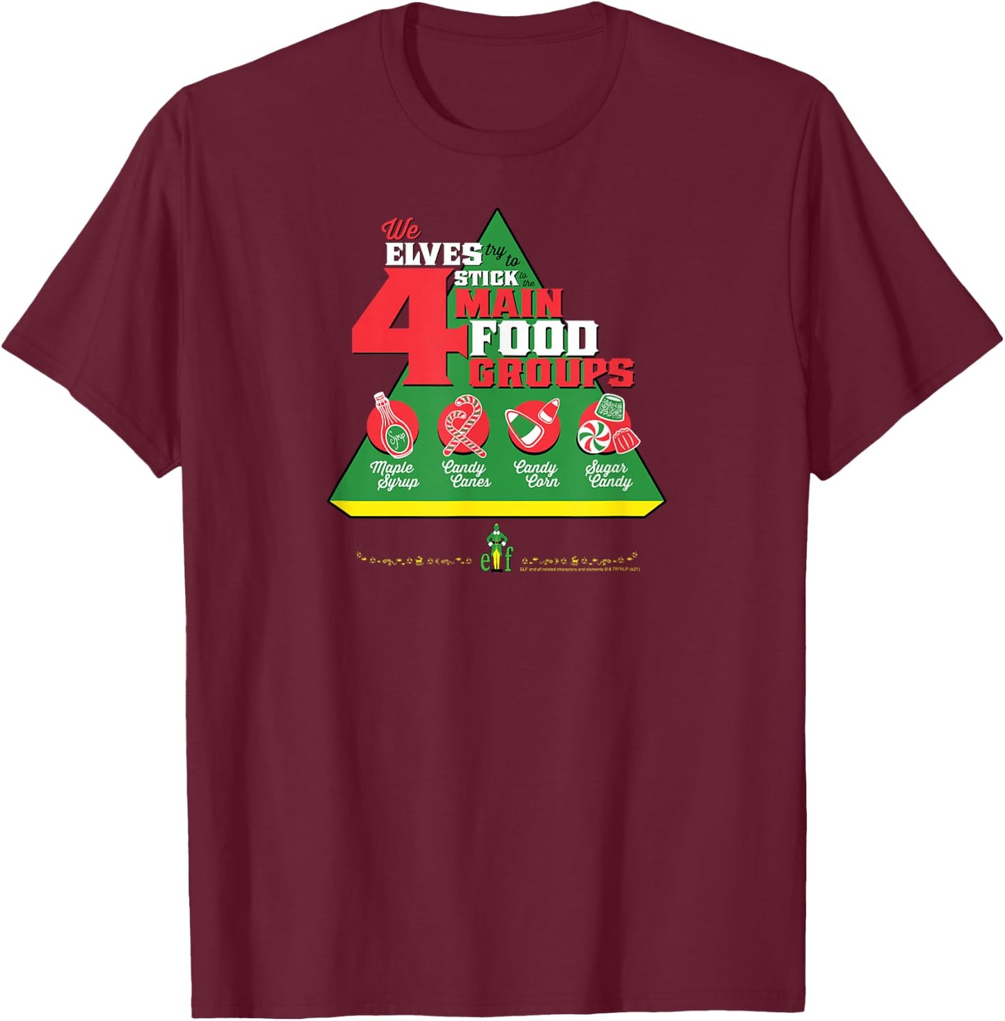Elf Food Groups Food Pyramid Funny Christmas T-Shirt - T-Shirt | Maroon