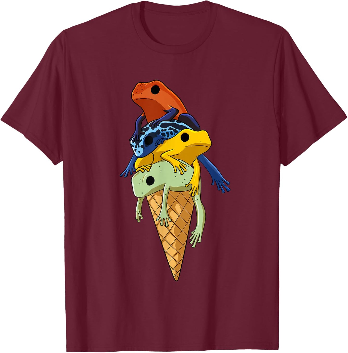 Funny tree climbing frogs, ice cream in a waffle T-Shirt - T-Shirt | Maroon