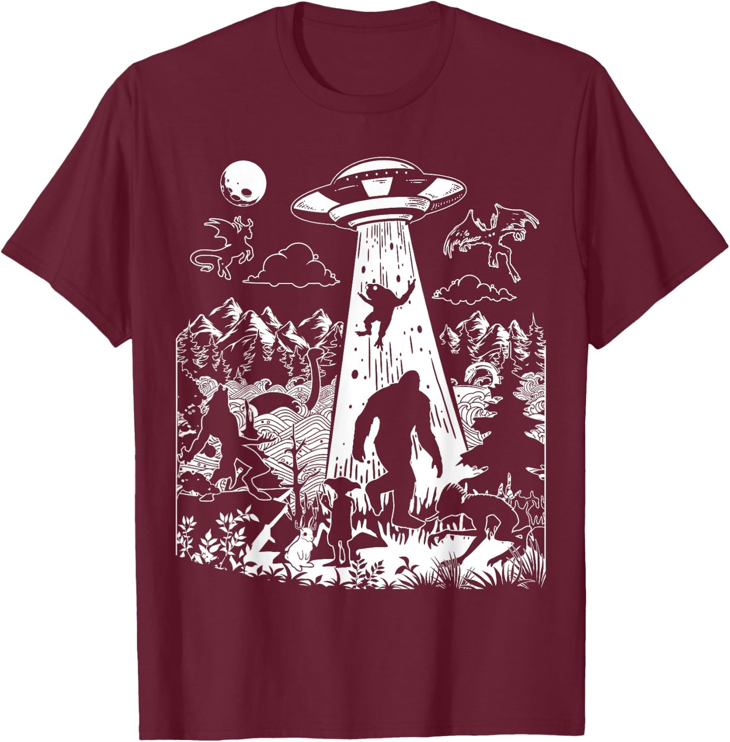 Mothman Bigfoot Dogman Alien Loch Ness All Cryptid Monsters T-Shirt - T-Shirt | Maroon