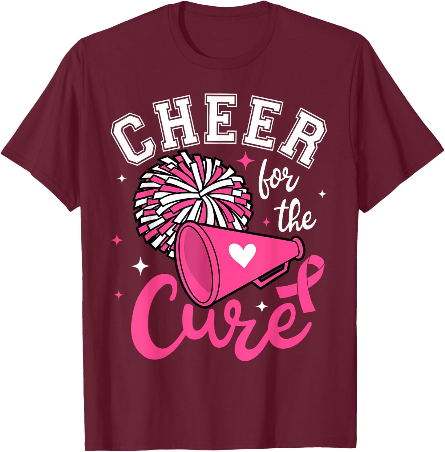 Cheer for the cure Cute Cheerleader Pink Ribbon Pom Pom T-Shirt - T-Shirt | Maroon