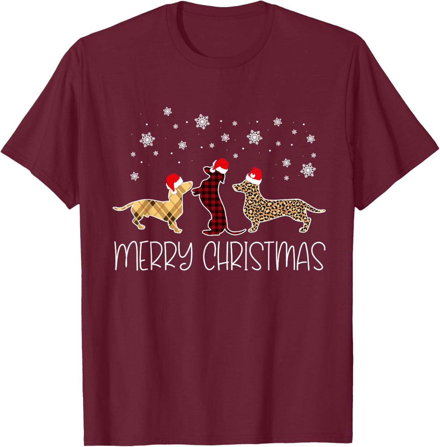 Dachshund Merry Christmas Cute Plaid Leopard Doxie Dog X-Mas Women Kids T-Shirt - T-Shirt | Maroon
