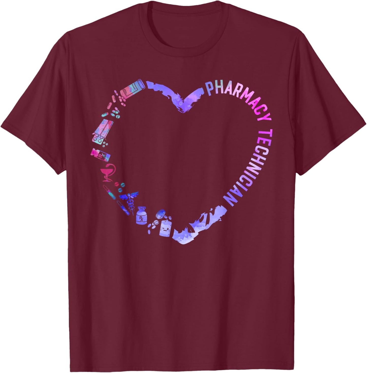 Pharmacy Tech Technician Pharmacist Student Heart Watercolor T-Shirt - T-Shirt | Maroon
