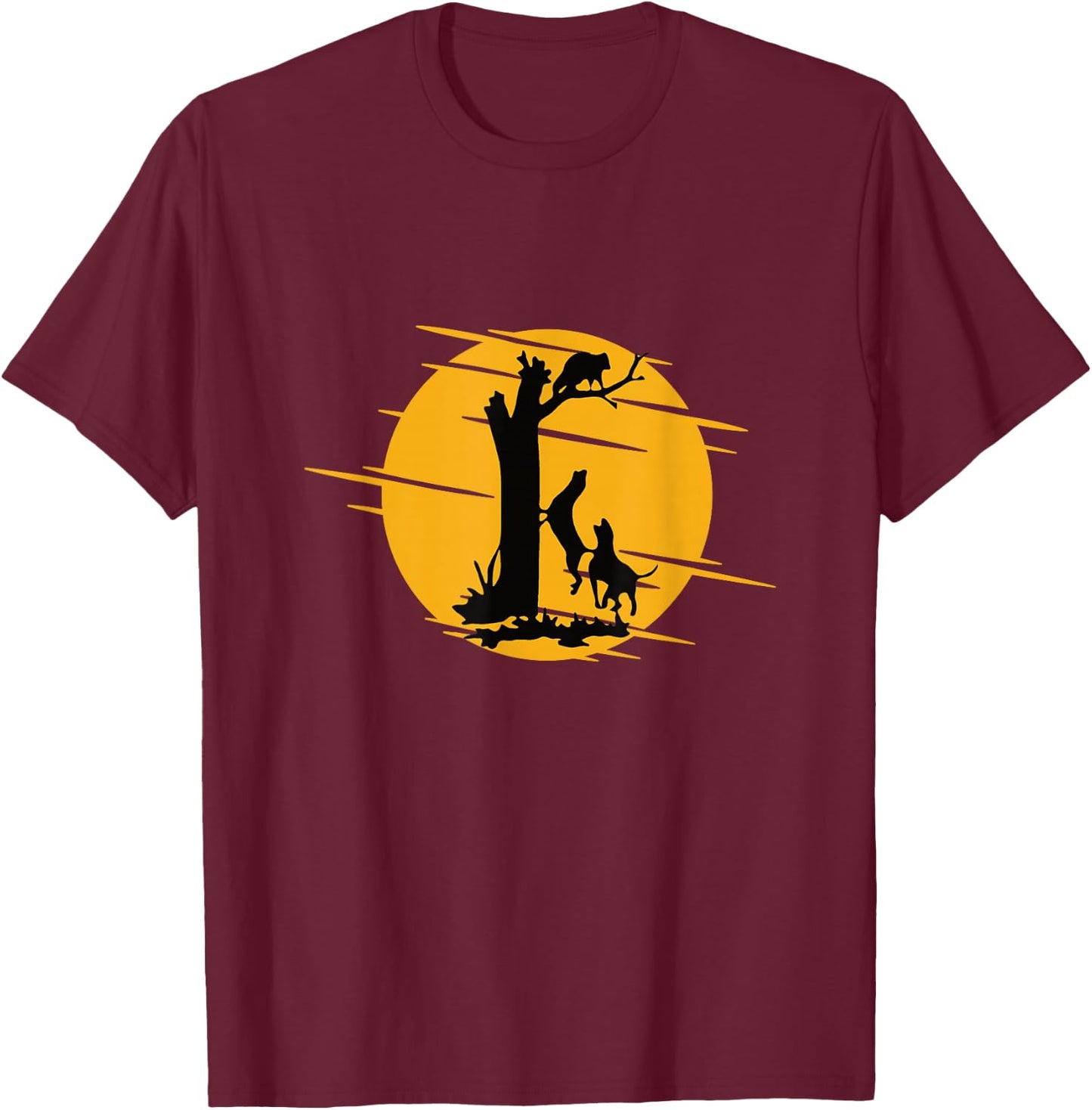 Coonhound Lovers Apparel & Gifts -Adults, -Kids Black Cotton Short Sleeve Classic Fit - Dog Treeing A Raccoon Howling - Fun Coon Hunting T-Shirt - T-Shirt | Maroon