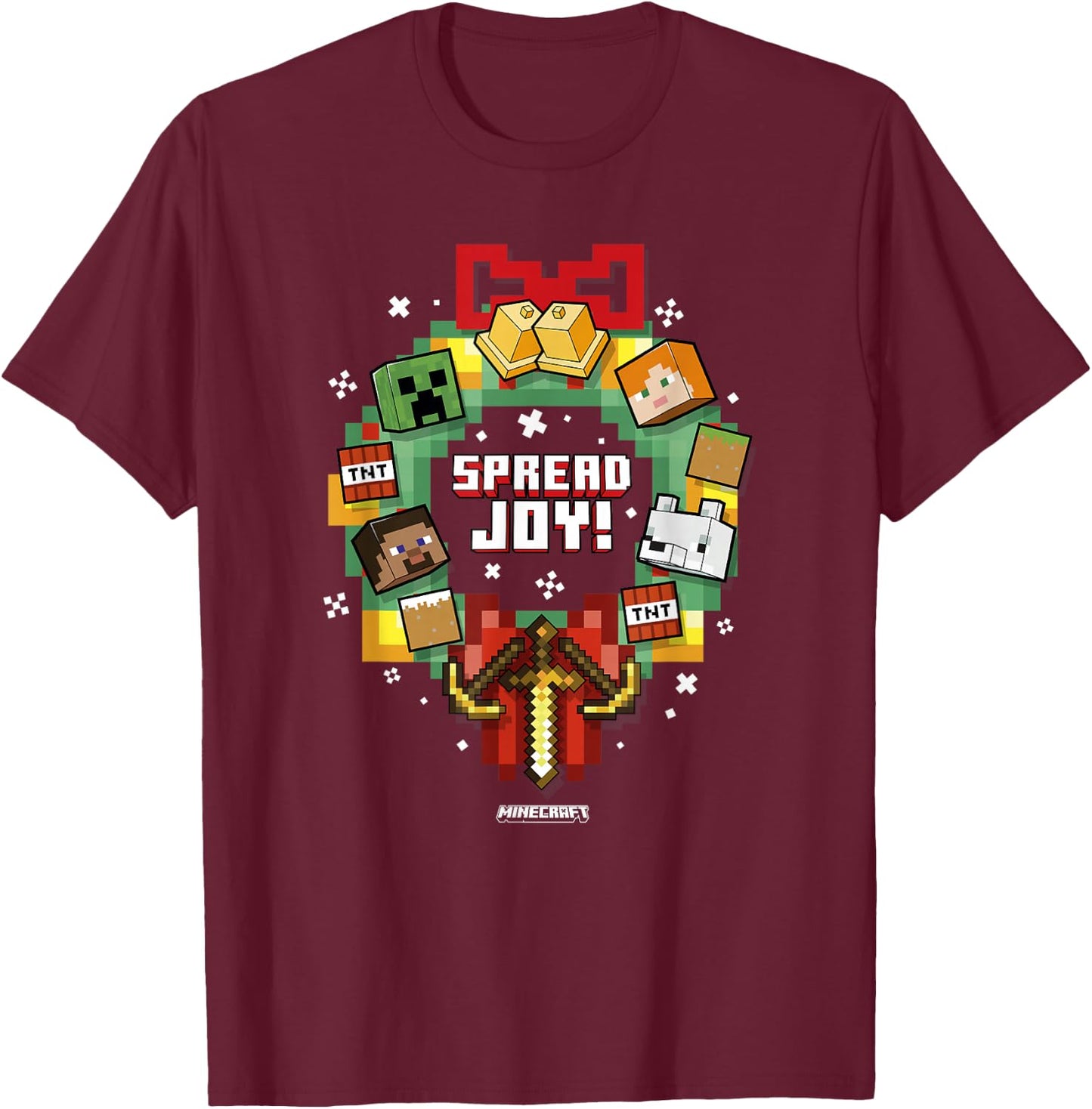 Minecraft Christmas Wreath Spread Joy T-Shirt - T-Shirt | Maroon