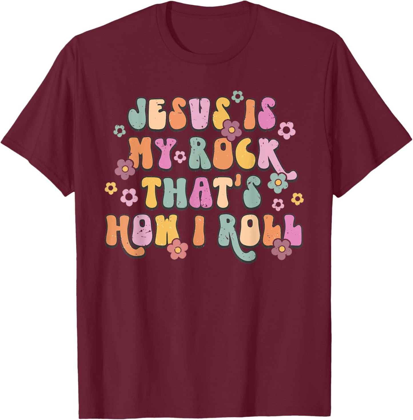 Leopard Jesus Is My Rock And That Is How I Roll Retro Groovy T-Shirt - T-Shirt | Maroon