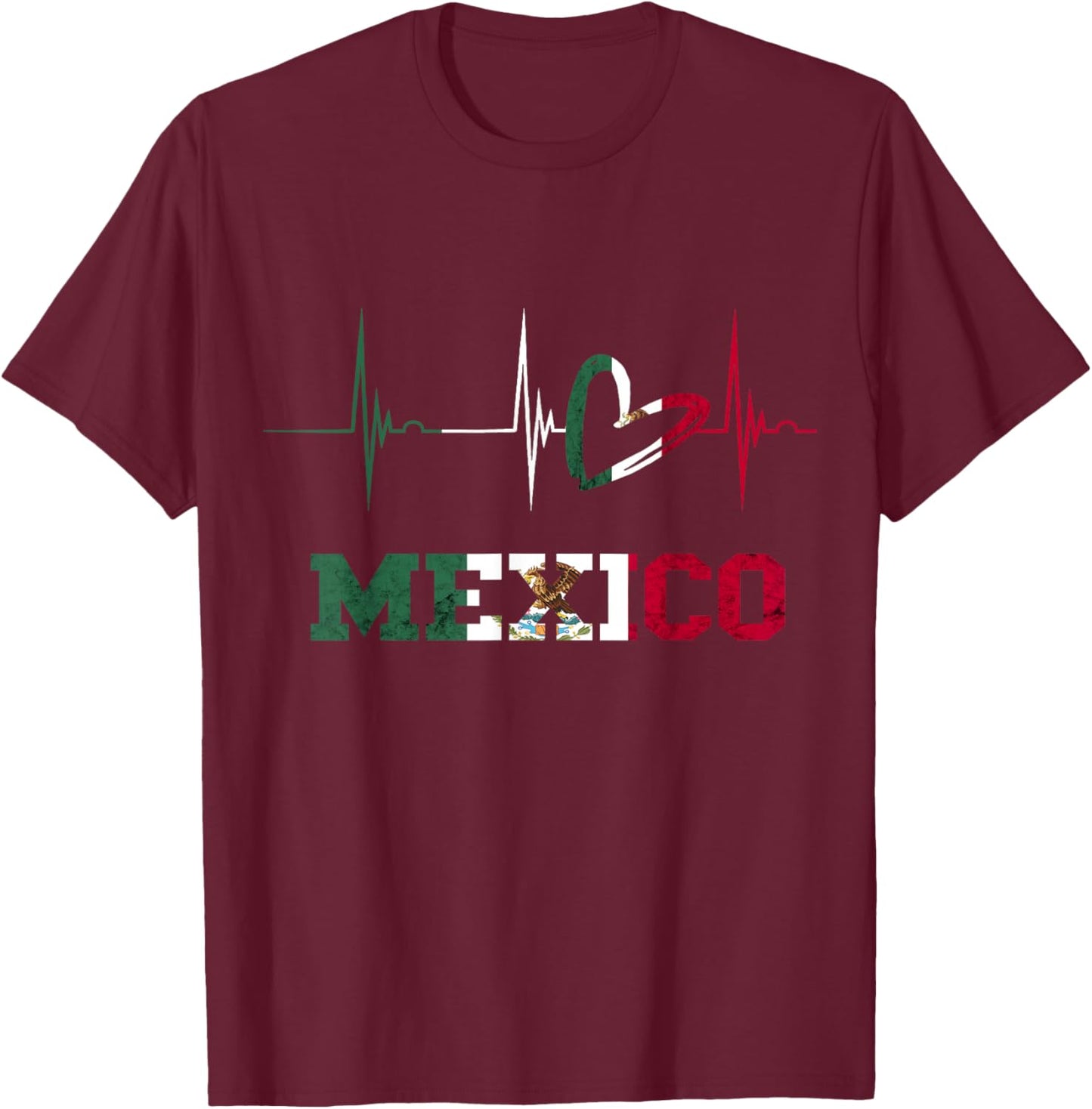 Mexico Heart Heartbeat EKG Pulse Cardiogram Mexico Flag T-Shirt - T-Shirt | Maroon