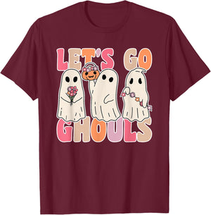 Let's Go Ghouls Groovy Ghost With Vintage Flowers Halloween T-Shirt - T-Shirt | Maroon