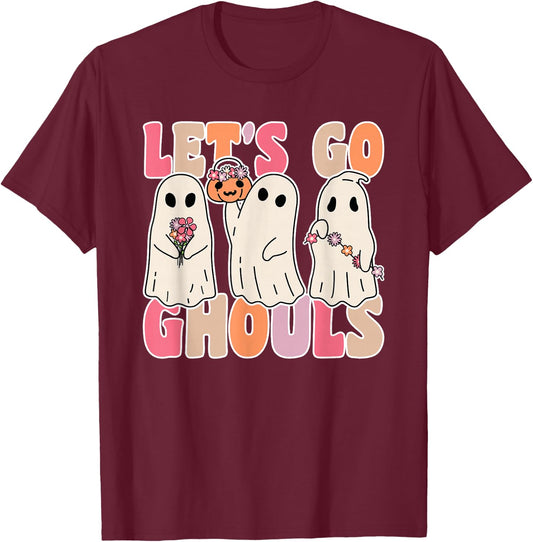 Let's Go Ghouls Groovy Ghost With Vintage Flowers Halloween T-Shirt - T-Shirt | Maroon