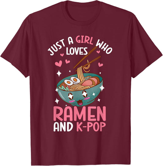Just A Girl Who Loves Ramen And K-Pop Graphic For Teen Girls T-Shirt - T-Shirt | Maroon