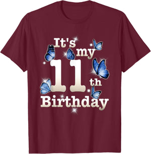 Funny Its My 11th Birthday Blue Butterfly Lover 11 Year Old T-Shirt - T-Shirt | Maroon